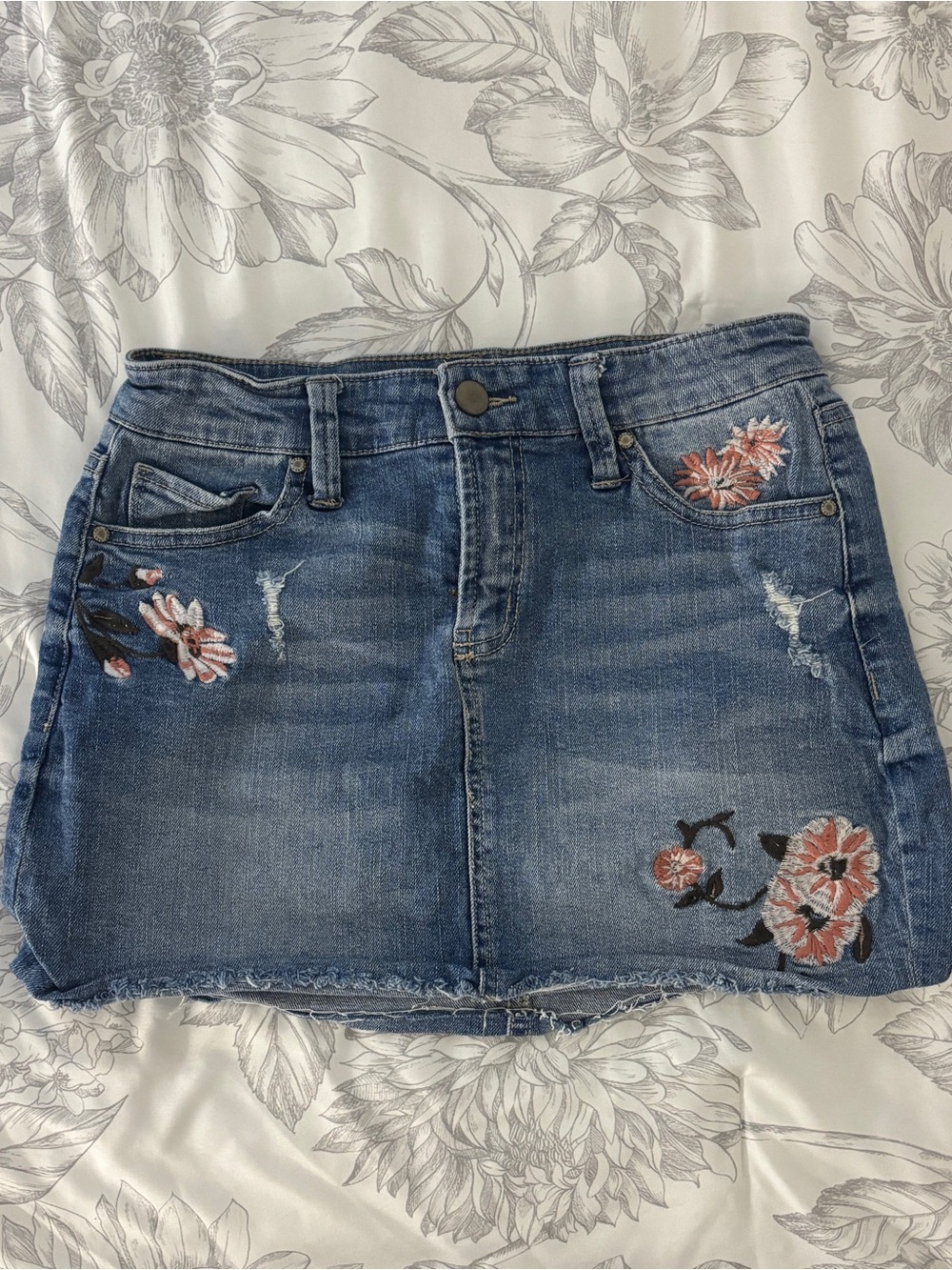 Tinseltown Blue Denim Mini Skirt with Coral Floral Embroidery